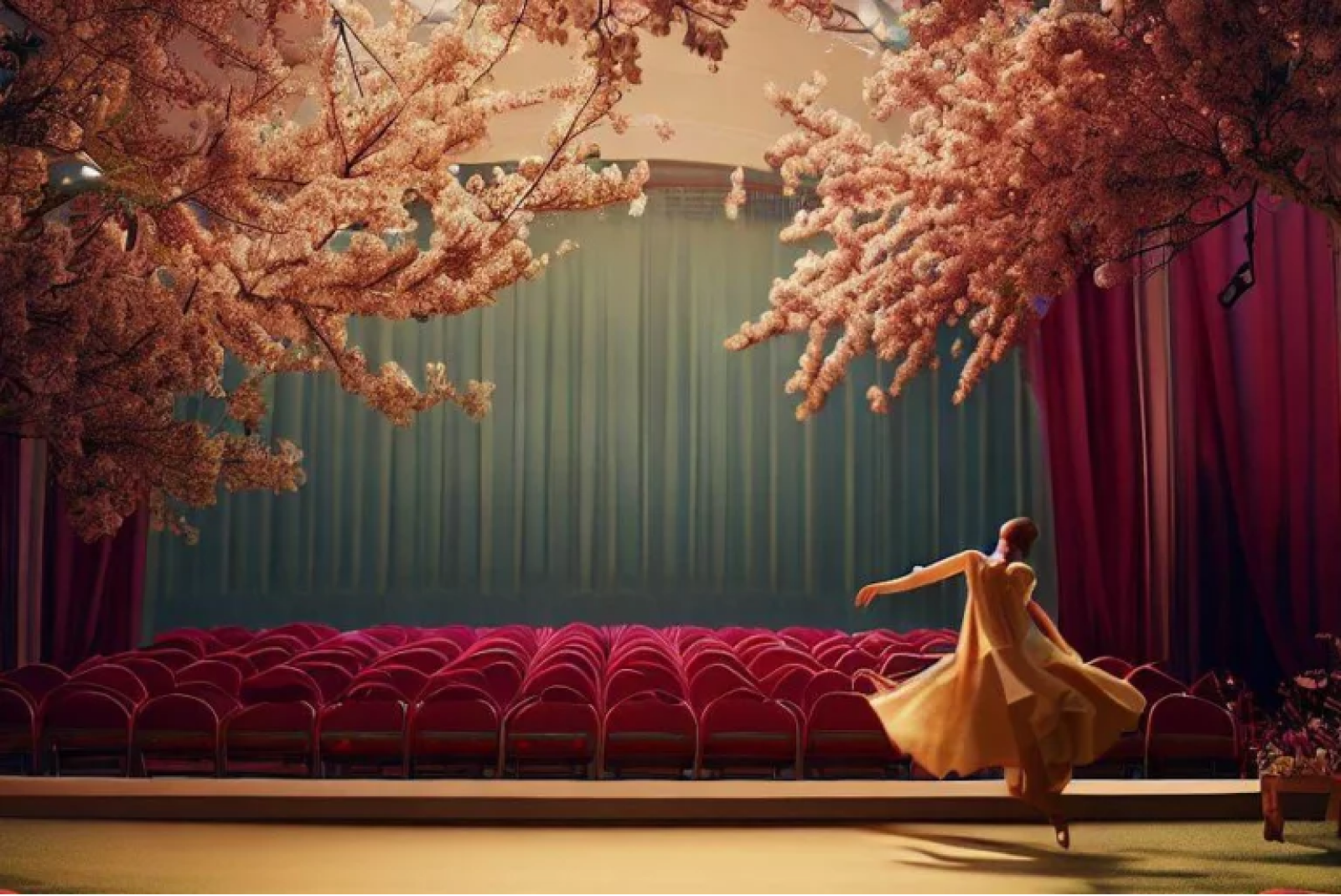 scena teatralna, na scenie baletnica, u góry kwitnące na różowo gałązki
